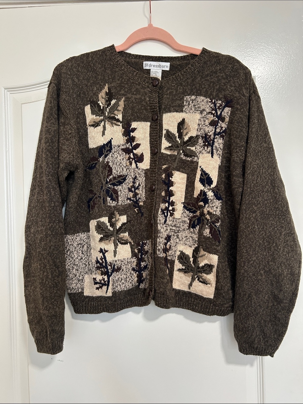 dressbarn Brown Botanical Patchwork Cardigan